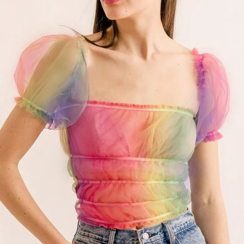 

Mesh Sexy Puff Short Sleeve Women Crop Tops Shirts Transparent Backless Rainbow Color Ladies Blouses 2019 Summer Elastic Shirt