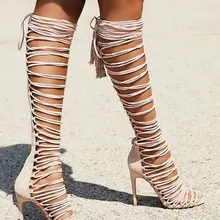 Сексуальная открытым носком, босоножки, колено высокие сапоги женщин Летом высокой качество замши ремешками колено высокие сапоги женщина на высоком каблуке бахромой сапоги