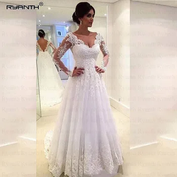 

Ryanth Tulle Long Sleeve Wedding Dress 2019 Beaded Robe De Mariage Bride Dress Lace Luxury Sheer Bridal Gowns Vestido De Noiva