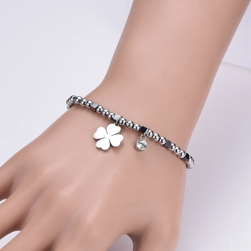 Милый Серебряный кристалл в форме листика кулон эластичный браслет для женщин простой из нержавеющей стали стильный браслет модные ювелирные изделия подарок