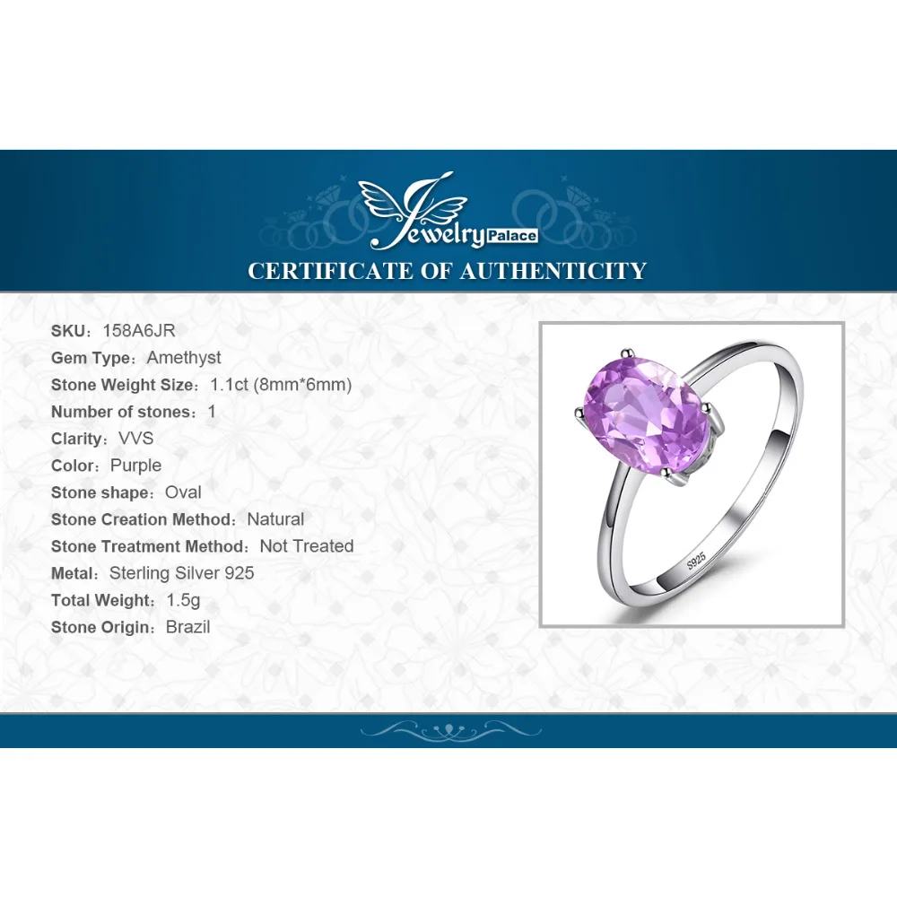 Jewelrypalace Овальный 1.1ct Природные Фиолетовый аметист камень пасьянс кольцо Твердые стерлингового серебра 925 Для женщин Мода Красивые ювелирные изделия