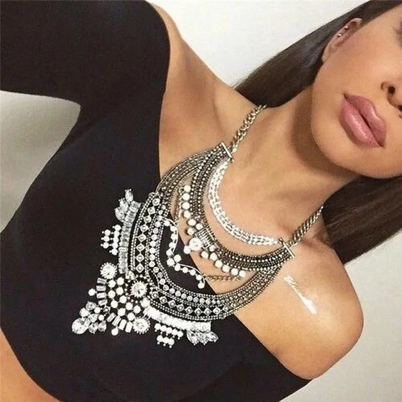 Панк Boho Многослойные Серебряное колье Цепочки и ожерелья эффектное ожерелье Монета Кристалл женское колье-подвеска ювелирные изделия