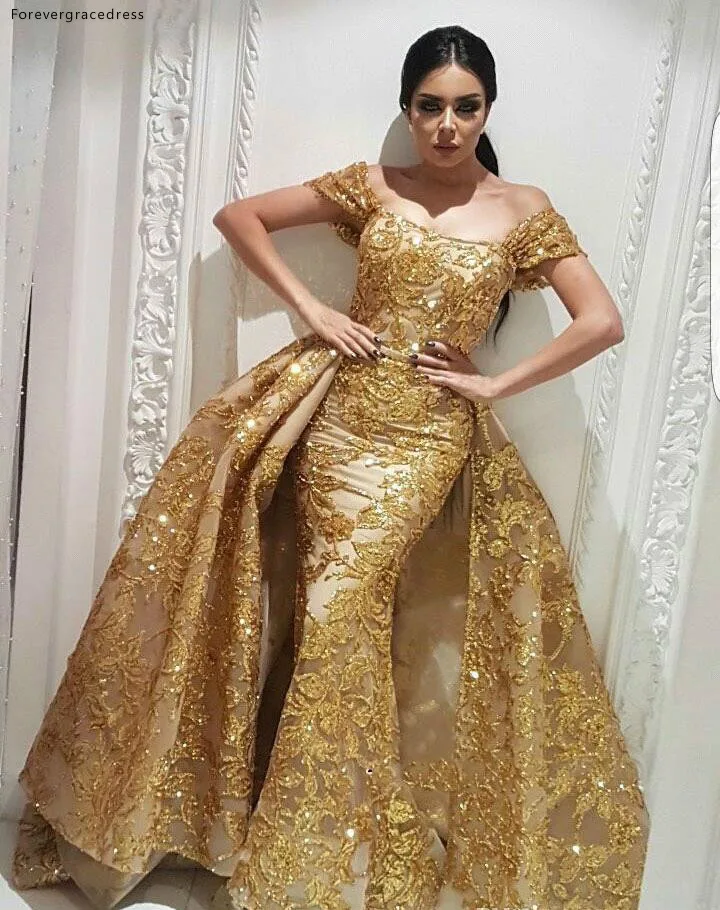 Gorgeous Gold Mermaid Evening Dresses With Detachable Skirt Arabic Dubai Style Off Shoulder Appliques Sequins Long Vestidos Prom Gown BC0844  188 (4)