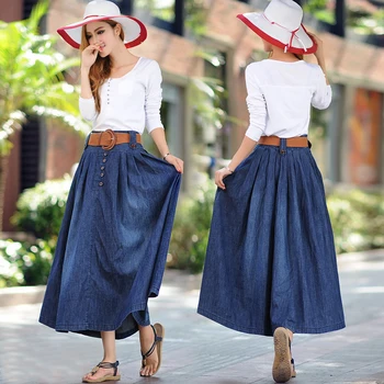

New Fashion Clothes Preppy Style Denim Skirt Women Solid Long Skirt High Waist Feminina Casual Vintage Button Jeans Skirts