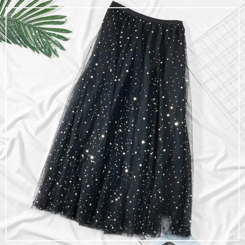 FTLZZ новая летняя женская сетчатая юбка с блестками уличная короткая юбка со звездами с высокой талией повседневные Черные розовые плиссированные юбки для девочек - Цвет: Black
