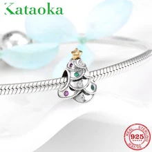 Подвески для рождественской ёлки, подлинные 925 пробы серебряные подвески с золотыми звездами из бисера, ювелирное изделие, браслет Pandora