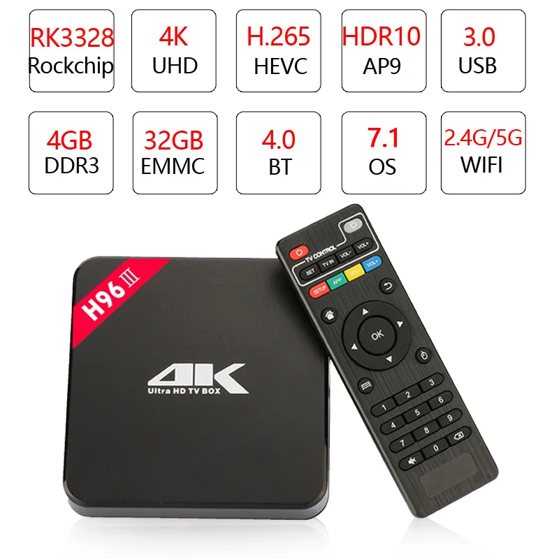 2018 H96 III TV Box Android 7.1 Smart Set top box Rockchip RK3328 4 gb 32 gb 2.4g/5ghz wifi USB3.0 H.265 4 k PK T9 HK1 H96 Max+