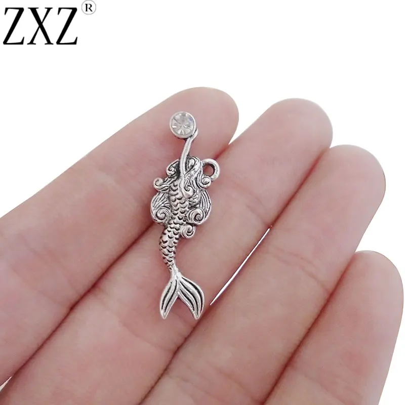 ZXZ 10pcs Antique Silver Tone Mermaid Crystal Charms Pendant Beads For Necklace Jewelry Making Findings 32x10mm