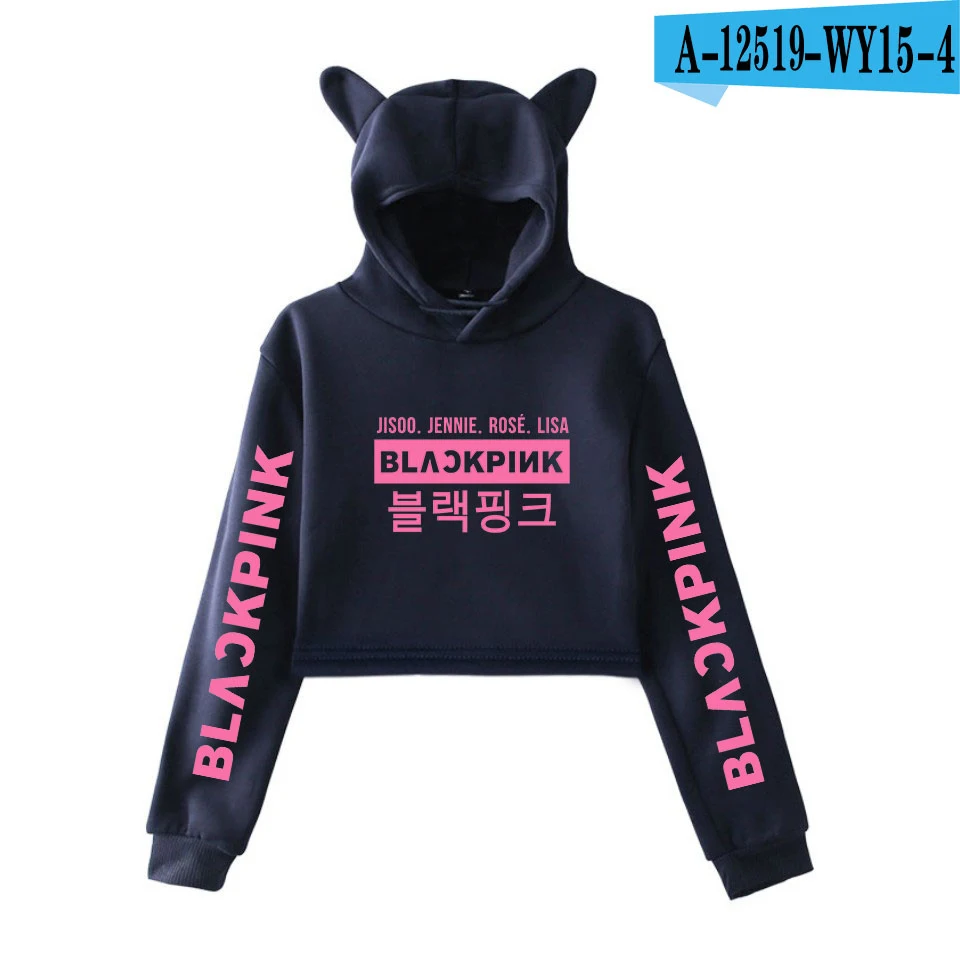 Blackpink harajuku Cat Ear Cap Hoodies fashion trend sala Cat Crop Top Women Hoodies Sweatshirt Sexy hot Kpop Clothes - Цвет: navy