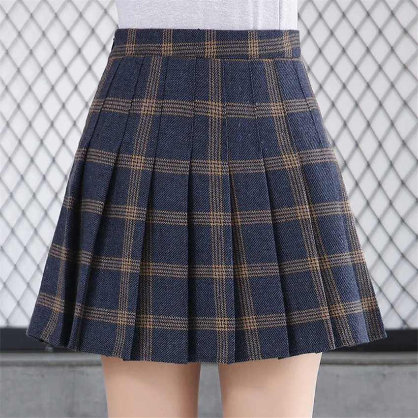 2018 Women High Waist Casual Wool Pleated Skirt Japanese School Plaid
