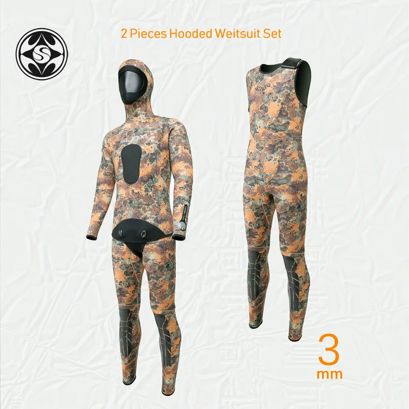 SLINX 2 Pieces Camouflage Hooded Wetsuit Set Sleeveless Scuba Diving