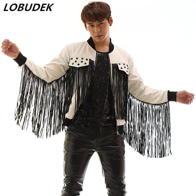 

PU leather male costumes jacket Tassels outfit blazer fashion coat outwear show for stage nightclub bra singer performance wear