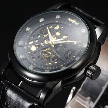 Победитель лучший бренд класса люкс Для мужчин S автоматические часы с бриллиантами Скелет циферблат черный часы кожаный ремешок Механические Наручные Часы для Для мужчин
