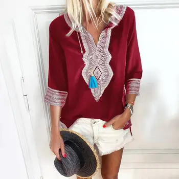 

2020 new printing women's shirt V-neck ladies casual large size T-shirt elegant seven-point sleeve loose Bohemian shirt W492