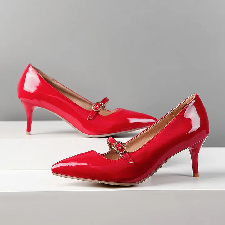 Женская обувь, модные туфли-лодочки mary jane из лакированной кожи, вечерние модельные туфли на тонком каблуке с острым носком и пряжкой, размеры 34-43 - Цвет: Красный