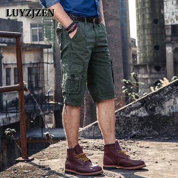 

LUYZJZEN Cotton Elastic Waist Shorts Fashion Summer Calf-length Men Shorts Casual Military Style New Brand Cargo Shorts Male 28