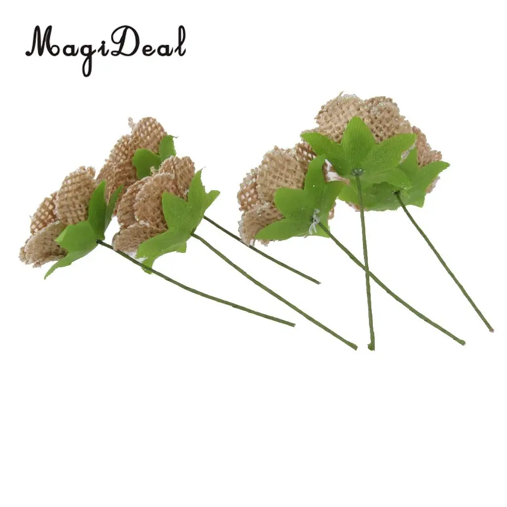 MagiDeal 6pcs/Lot Hessian Burlap Flowers Rustic Bridal Wedding Craft Head Flowers Handmade DIY Craft Home Decoration