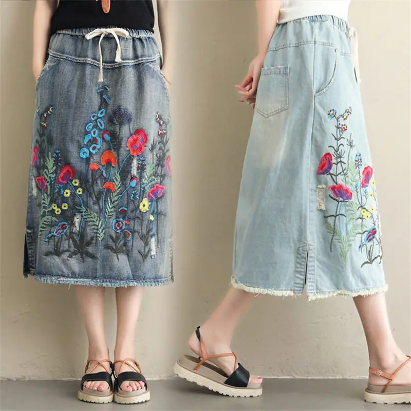 Винтажная джинсовая юбка с вышивкой большого размера Женская корейская модная одежда свободные юбки Повседневные джинсы с эластичной резинкой на талии Saia f1209