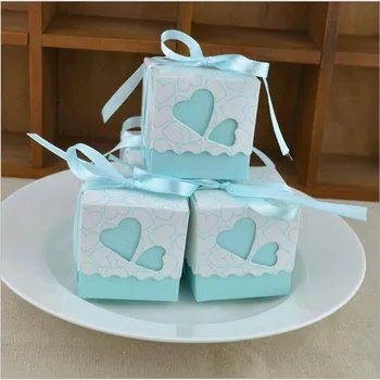

50pcs Love Heart Candy Boxes Wedding Favor Party Gift Boxes Blue With Ribbons
