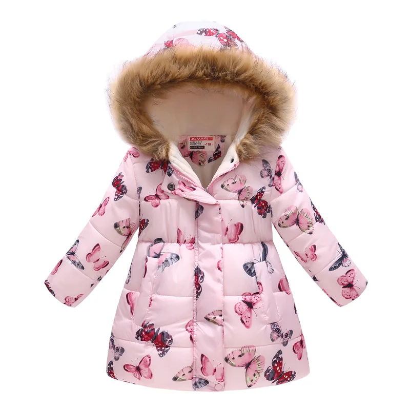 Winter Fashion Warm Cotton Printed Child Long Coat Fur Collar Baby Girls Jackets Children Outerwear For 3-12 Years Old