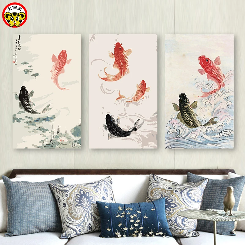 

Diy digital oil painting Chinese wind pond red carp background wall hand-painted decorative Koi fish taking off