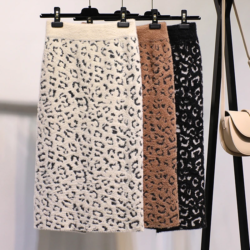 

Winter Warm & Sexy Cashmere Leopard Knitted Mid Pencil Skirts Autumn Back Split Stretch Tube Calf Long Skirts Khaki Beige