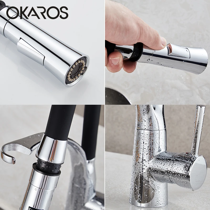 OKAROS Pull Out Kitchen Faucet Black Chrome Finish Dual Sprayer Nozzle Cold Hot Water Mixer Bathroo - 32746420933