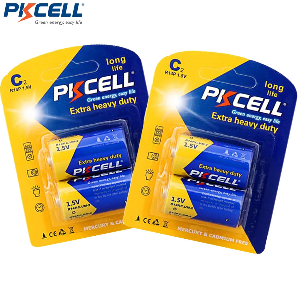 

4 x PKCELL Super Heavy Duty R14P C Size Batteries 1.5 Volts Dry Cell Carbon Zinc Battery in 2 Card