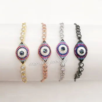 

10pcs/lot Brass Micro Pave Rainbow CZ Turquesa Abalone Oval Turkey Evil Eye Link Chain Bracelets Pulseras Joyeria Jewelry