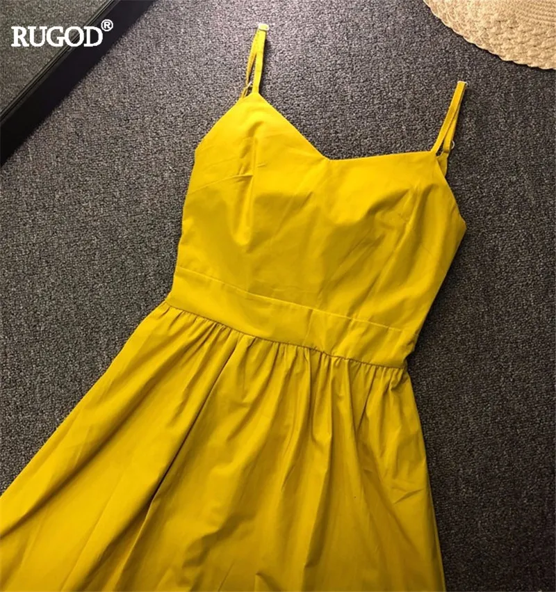 RUGOD летнее платье женские богемные платья с v-образным вырезом желтые платья Спагетти ремень сзади бабочка платье MADI