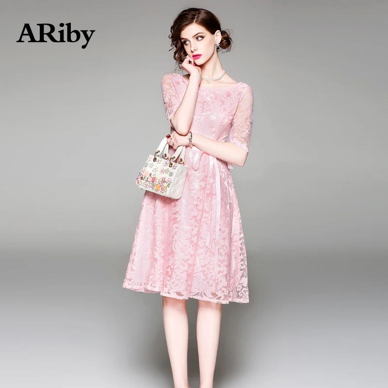 

Dress Women Sweet Pink Mesh Maxi Dress 2019 New Spring/Summer High-end Temperament Embroidery Half Sleeves Knee-Length Dresses