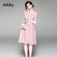 Dress Women Sweet Pink Mesh Maxi Dress 2019 New Spring/Summer High-end Temperament Embroidery Half Sleeves Knee-Length Dresses
