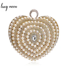 Золотые вечерние сумки в форме сердца, украшенные жемчугом, черный клатч, сумочка ручной работы для невесты, кошельки, вечерние сумочки W819