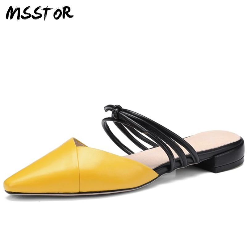 

MSSTOR Mixed Colors Slippers Women Square Heels Outside Butterfly-knot Concise Fashion Summer Shoes Square Toe Mules Shoes Women