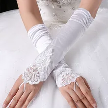 Эластичный шёлк белый и цвета слоновой кости красные, черные короткие кружевные аппликации; Robe De Mariage свадебные перчатки без пальцев Свадебные перчатки Свадебные аксессуары для невесты