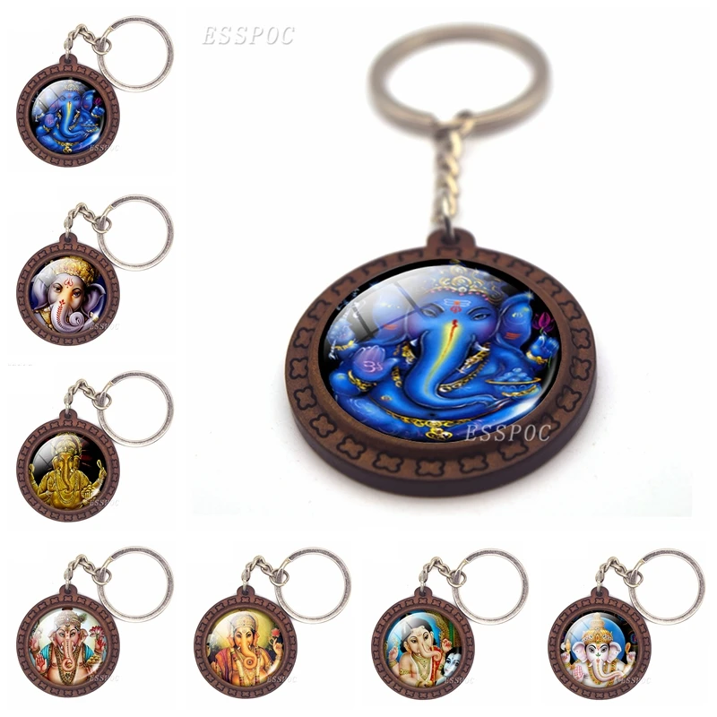 

Wealth God Ganesha Pendant Vintage Wooden Key Holder Glass Cabochon Bag Pendant Amulet Jewelry Handmade Gift for Men Women