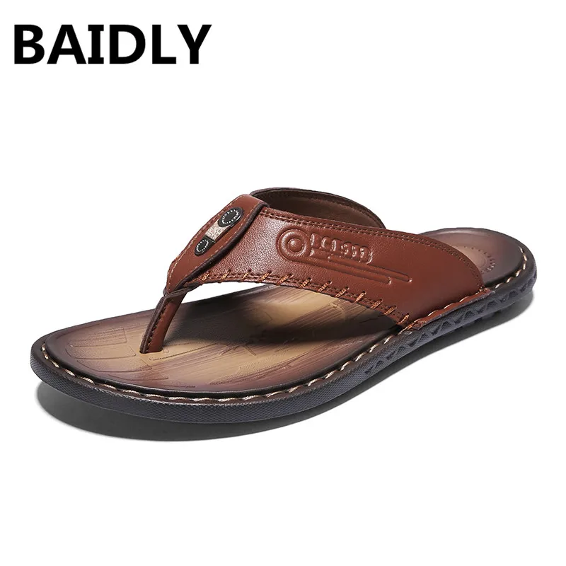 BAIDLY Men&#39;s Flip Flops Leather Luxury Slippers Beach Casual Sandals Summer Men Fashion Shoes ...