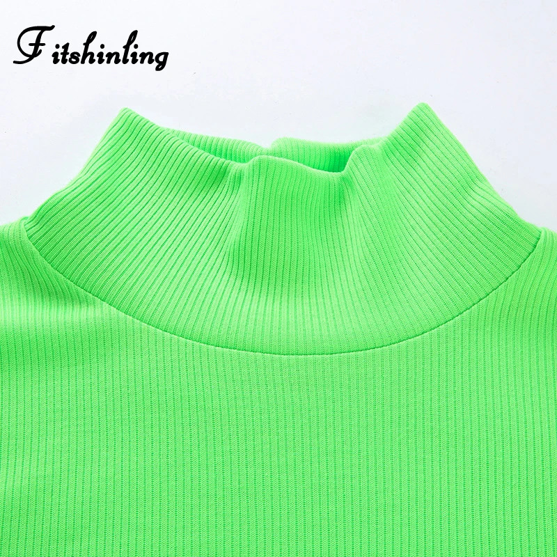 Fitshinling Fashion hot fluorescence t-shirts women tops neon long sleeve slim turtlenecks female t-shirt solid t shirt