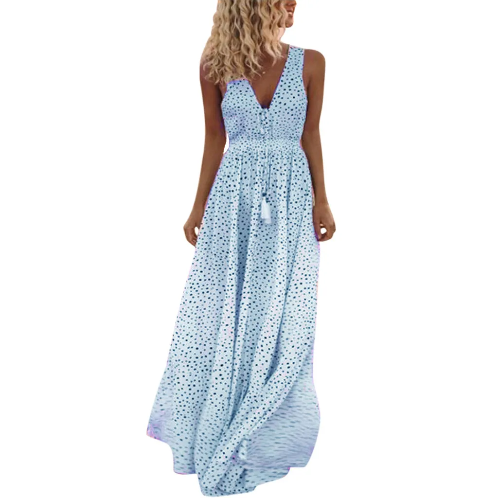 

KLV 2019 Summer Womens latest fashion Sleeveless Dot Print Tassels Deep V Neck Long Beach Maxi Dress free shipping D4