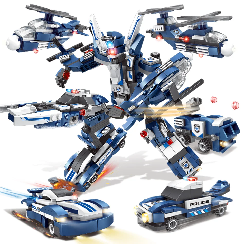 

611pcs 6 in 1 Space Wars Police Figures Robot Car Helicopter Compatible Legoed Bricks Building Blocks Kit City Toy For Children
