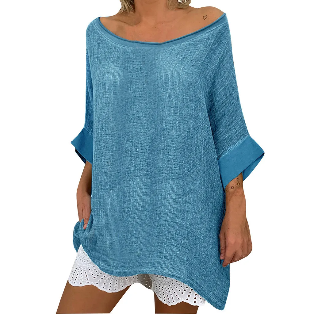 

Women Tshirt Casual Loose Linen Round Neck Soild Daily Lady Tanic T Shirt Women Summer Tees Tops camisetas verano mujer