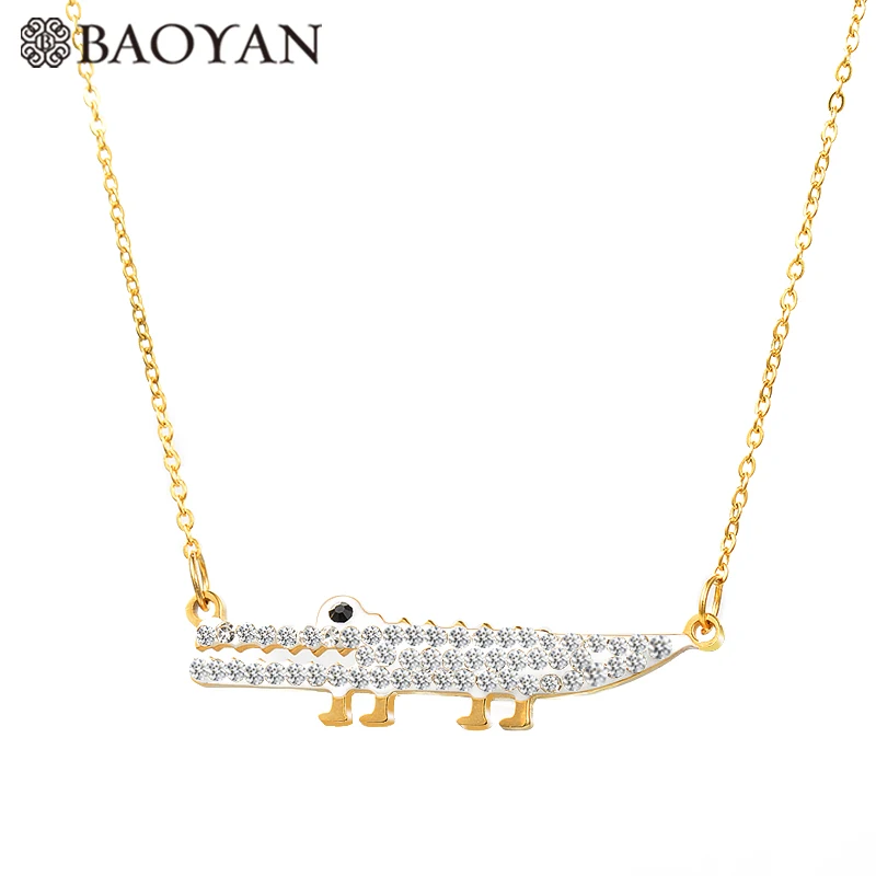 

Baoyan Chic 316L Gold Silver Rose Color Women Animal Long Crocodile Pendant Necklace Rhinestone Paved Stainless Steel Jewelry