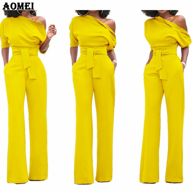 Women Jumpsuit One Shoulder with Sashes Pockets Officewear