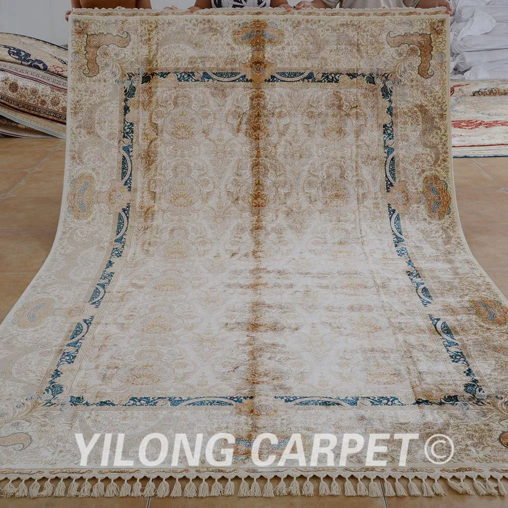 Yilong 6.56'x9.84' Handmade traditional turkish silk rug beige hereke