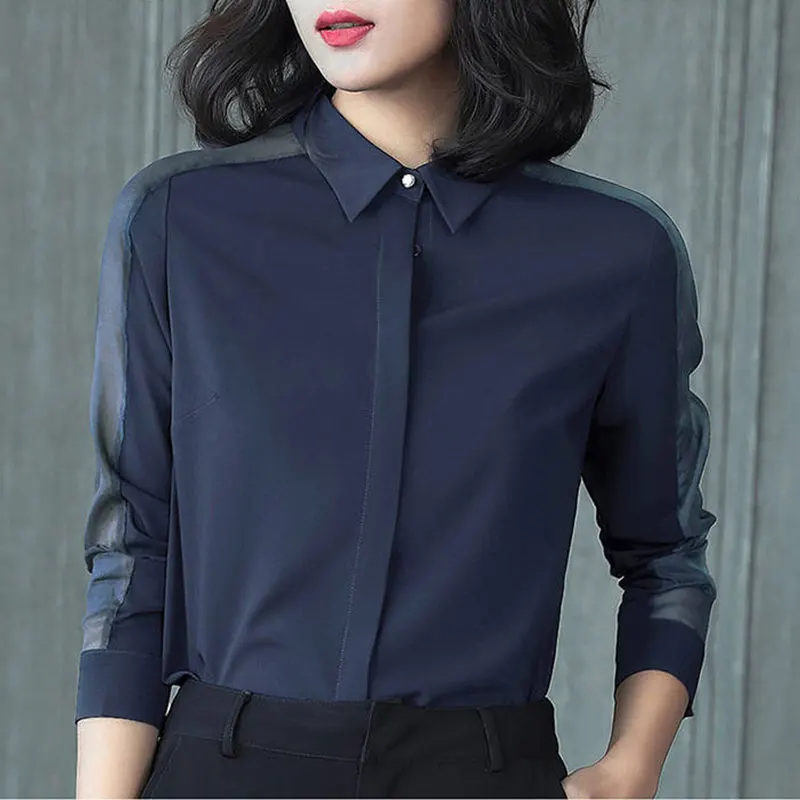

Spring Fashion Office Lady Tops Long Sleeve Patchwork Gauze Hollow Out Women Shirts OL style work Turn-down Collar Blouses D81