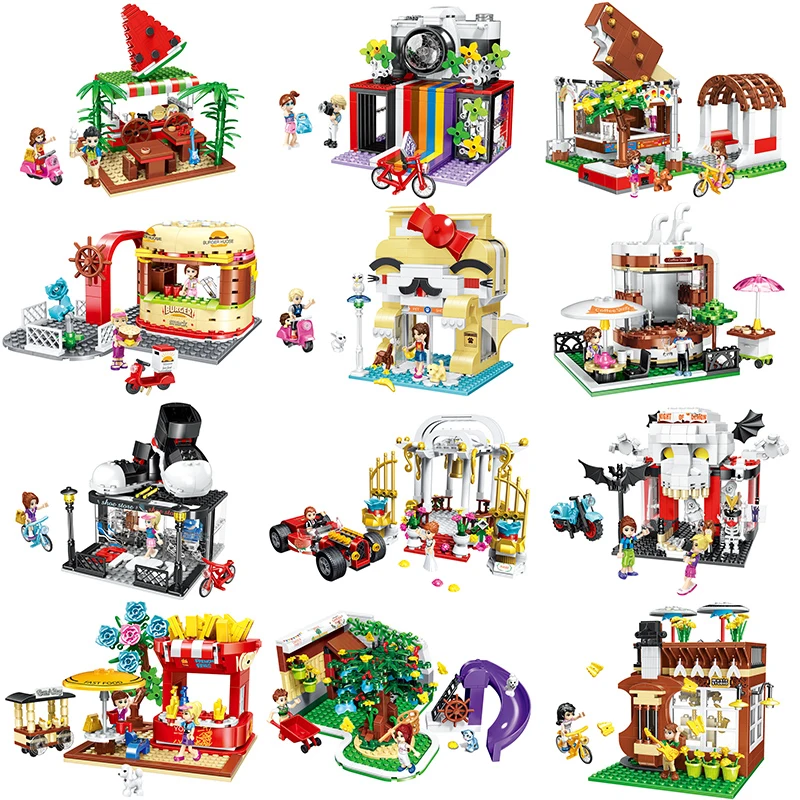 

City Street View Model Building Blocks Girl Series Ice Cream Cake Shop Hamburger House Bricks For Children Toys Birthday Gift