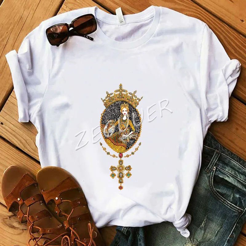 

Vogue Girl White Shirt Luxury Magic Golden Mirror Graphic T-Shirt Summer Casual Lady Tops Cotton Soft O-Neck Travel Hipster Tees
