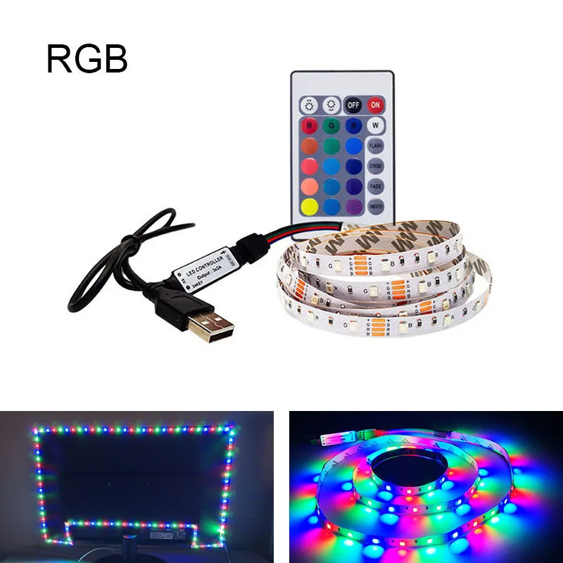 Светодиодная лента 5 в 1 м 2 м 3 м 4 м 5 м 16 цветов для фонового освещения телевизора с USB 24 клавишами ИК-контроллер Nowaterproof RGB 3528 SMD - Испускаемый цвет: RGB