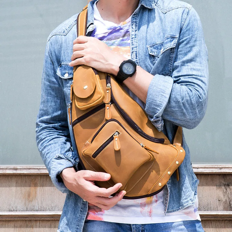 

Men crazy horse genuine leather chest pack bag Big capacity cow leather Shoulder bag Multi function leather crossbody trave bag