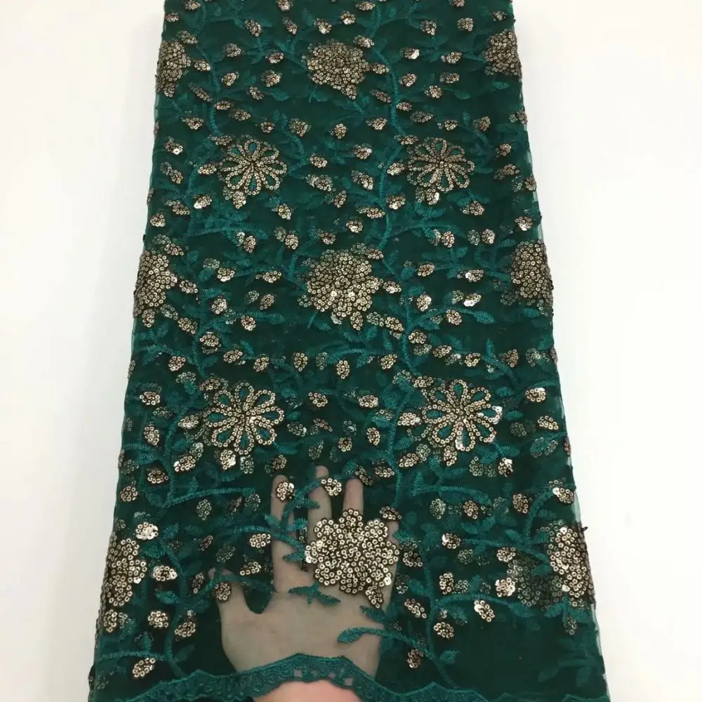 

2019 Wholesale luxury quality African chiffon lace fabric with sequins 5 yards emerald green sequins lace fabric YYZ213